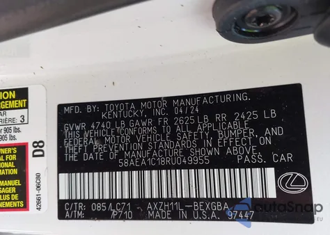 2024 Lexus Es 300H Luxury from USA, damaged, VIN 58AEA1C18RU049955